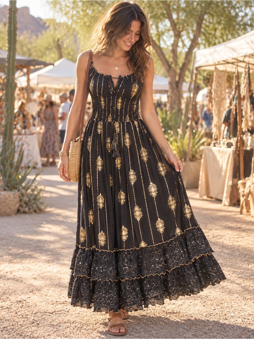 Small Summer Bridesmaid Black and Gold Embroidered Maxi Dress Tassel Tie 2026